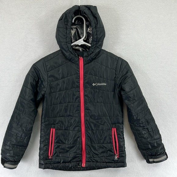 Columbia Kids Omni-Heat Thermal Comfort Puffer Jacket Girls 7/8 Black & Pink - Picture 1 of 12